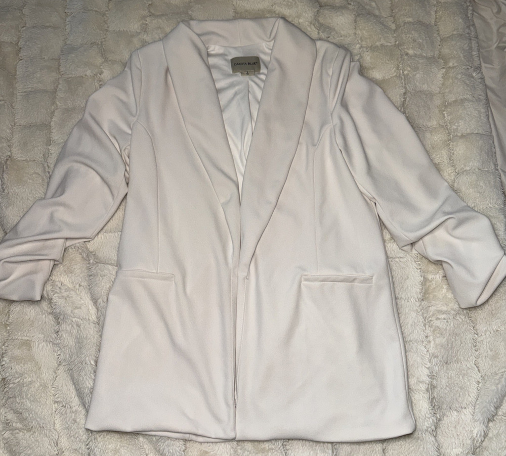 Dakota Blue Crepe Women's Blazer, Ruched Sleeves, White, Small